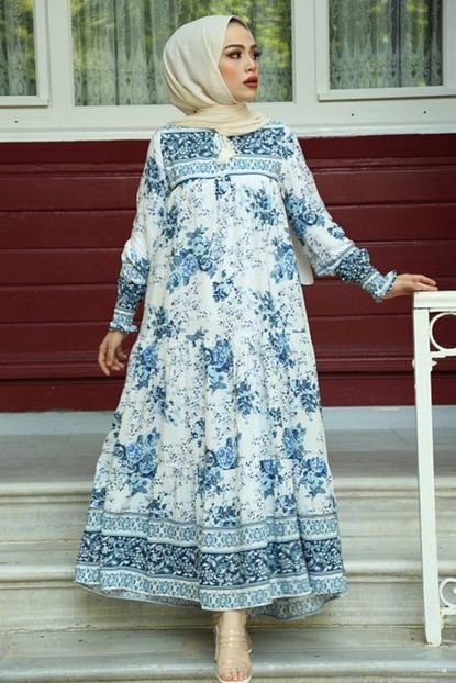 Festmoda Kadin Mavi Etnik Desen Mevlana Kesim Elbise Trendyol