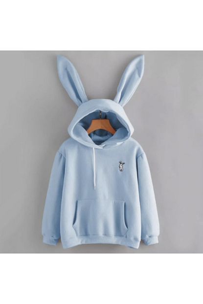 kadin mavi tavsan kulakli sweatshirt
