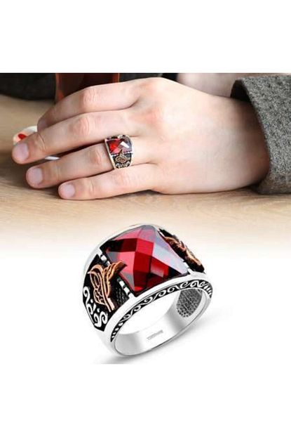 Alis Silver Tugra Islemeli Kirmizi Zirkon Tasli 925 Ayar Gumus Erkek Yuzuk Trendyol