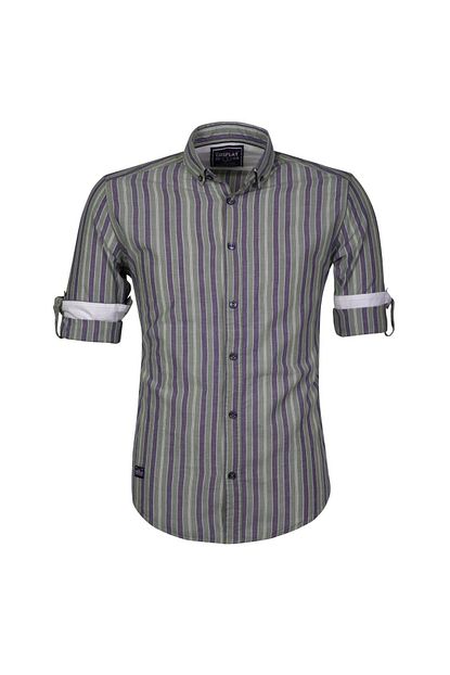 Cosplay Erkek Haki Genis Cizgili Katlamali Kol Slim Fit Gomlek Trendyol