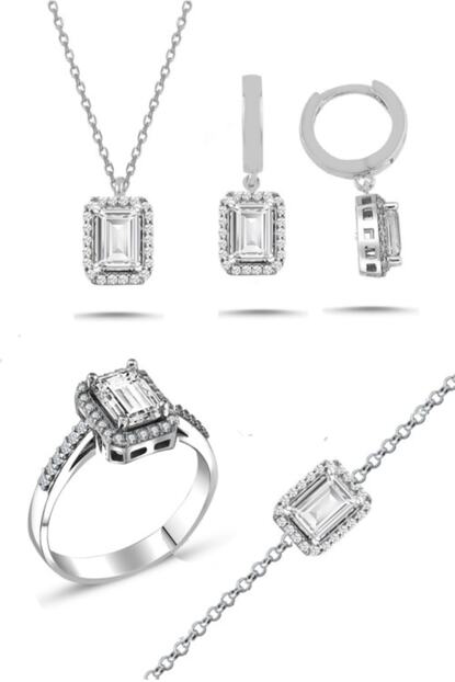 Trend Silver Gumus Baget Tasli Pirlanta Modeli Dortlu Set Kolye Kupe Bileklik Yuzuk Seti Trendyol