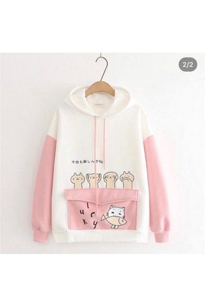 Oz Taha Kadin Kedi Pembe Pati Desenli Sweatshirt Trendyol