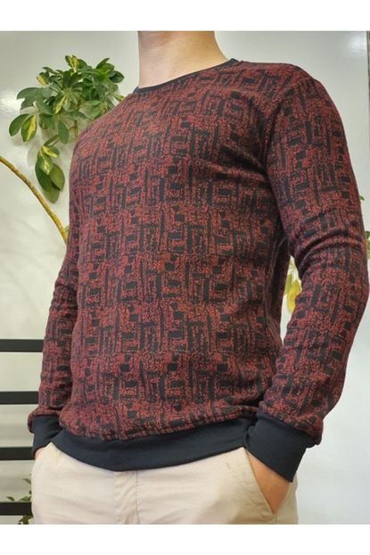 Bessmoda Erkek Kirmizi Siyah Dar Kesim Uzun Kollu Desenli Sweatshirt Trendyol
