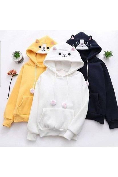 Mufi Butik Kadin Beyaz Kedi Model Sweatshirt Trendyol