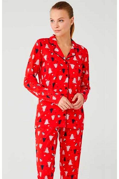 Mod Collection Kadin Kirmizi Desenli Onden Dugmeli Lohusa Pijama Takimi 3385 Trendyol