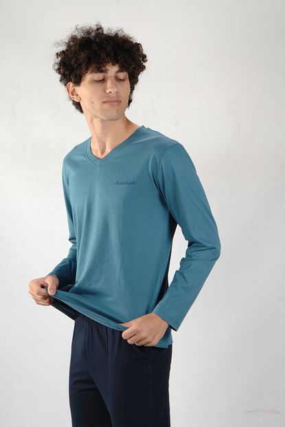 Malabadi Mavi Erkek Pijama Takimi V Yaka Kislik Uzun Kollu Pijama 6011 Trendyol