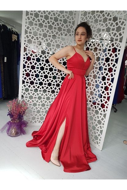 Butik Kadin Kirmizi Saten Kumas Abiye Elbise Trendyol