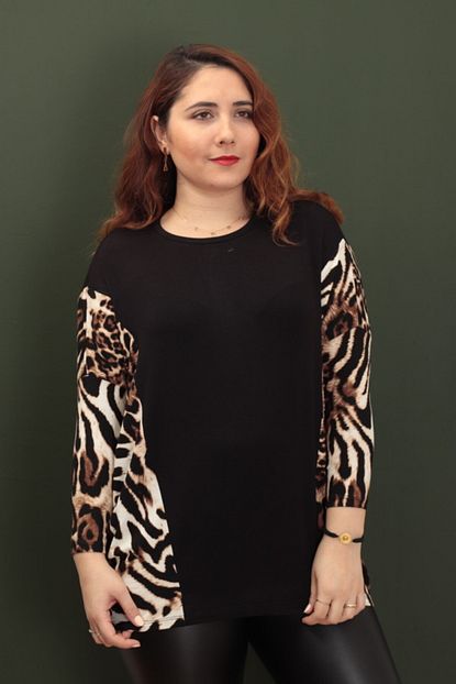 Renkte Buyuk Beden Siyah Leopar Asimetrik Bluz Trendyol