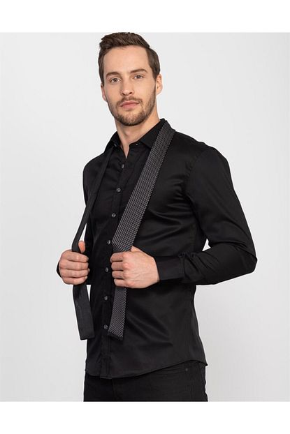Tudors Erkek Siyah Slim Fit Pamuk Saten Gomlek Trendyol