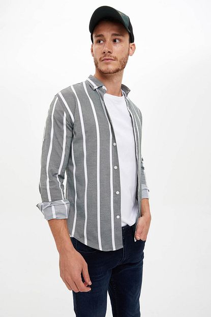 Defacto Erkek Gri Cizgili Slim Fit Uzun Kollu Gomlek T1302az20au Trendyol