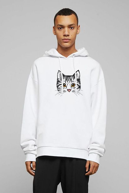 Collage Kedi Yavru Kedi Sevimli Kedi Baskili Beyaz Erkek Orme Kapsonlu Sweatshirt Uzun Kol Trendyol