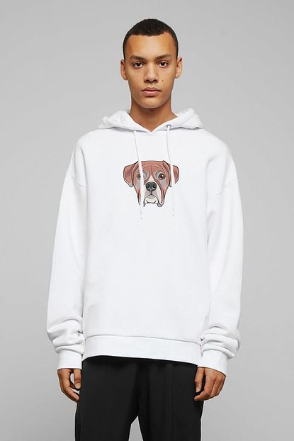 Collage Dog Head Kopek Baskili Beyaz Erkek Orme Kapsonlu Sweatshirt Uzun Kol Trendyol
