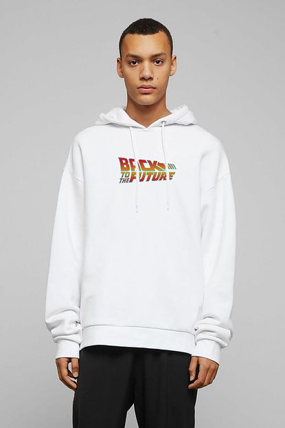 Collage Back Future Gif Baskili Beyaz Erkek Orme Kapsonlu Sweatshirt Uzun Kol Trendyol
