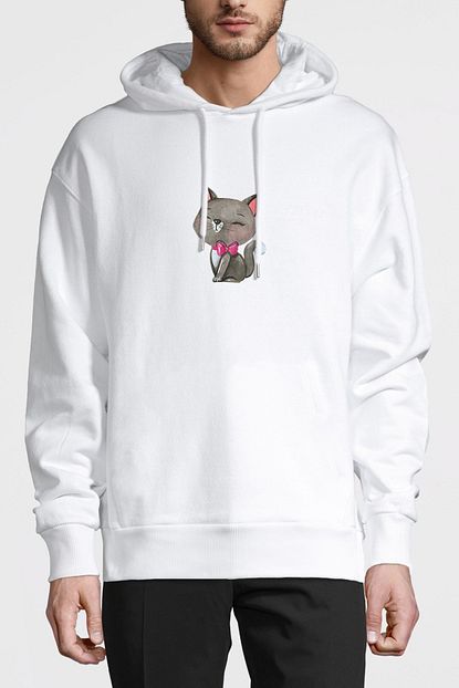 Collage Gri Kedi Illustrasyon Siyam Kedisi Kitten Baskili Beyaz Erkek Orme Kapsonlu Sweatshirt Uzun Kol Trendyol