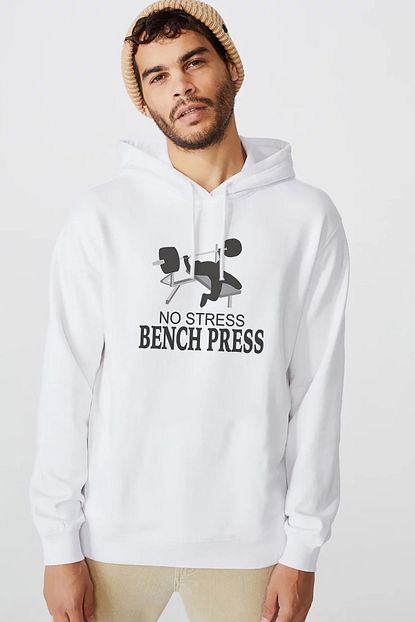 qivi no stress bench press baskili beyaz erkek orme kapsonlu sweatshirt uzun kol fiyati yorumlari trendyol
