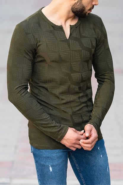 Modayi Tikla Erkek Yesil V Yaka Etnik Desenli Sweatshirt Trendyol