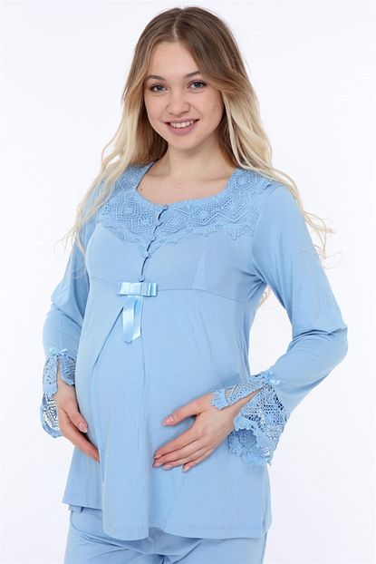 Myra By Luvmabelly 9501 Dantelli Dugmeli Hamile Pijama Takimi Mavi Trendyol