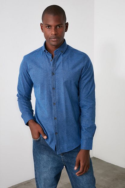 Trendyol Man Mavi Erkek Slim Fit Oduncu Melanj Gomlek Tmnaw20go0094 Trendyol