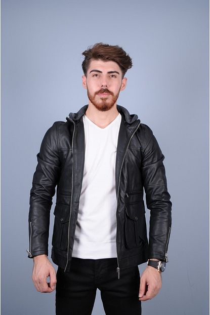 Parsstore Erkek Siyah Motorcu Model Kapusonlu Suni Deri Ceket Trendyol