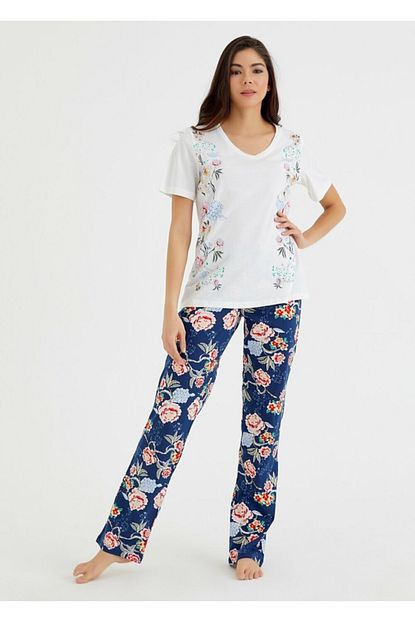 Suwen Kadin Lacivert Baskili Pijama Takimi Trendyol