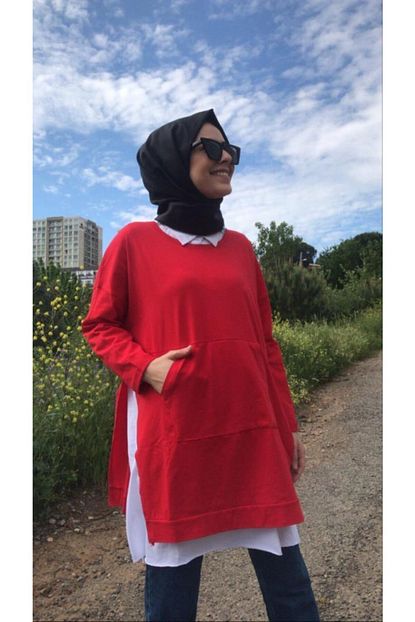 Allmiss Kadin Kirmizi Tesettur Tunik Garnili Cepli Sweatshirt Trendyol