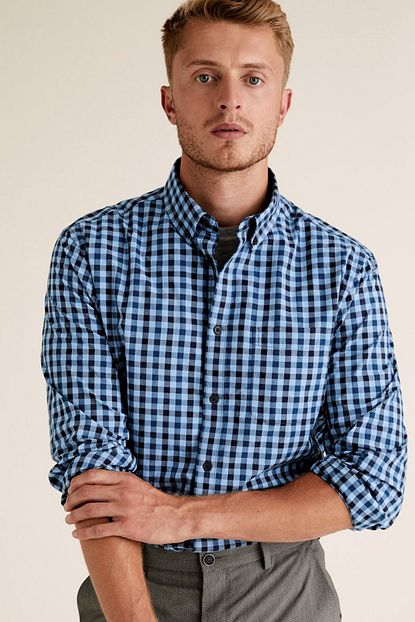Marks Spencer Erkek Mavi Uzun Kollu Ekose Gomlek T25002851m Trendyol