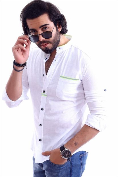 Roballi Erkek Beyaz Fosforlu Slim Fit Hakim Yaka Gomlek Trendyol