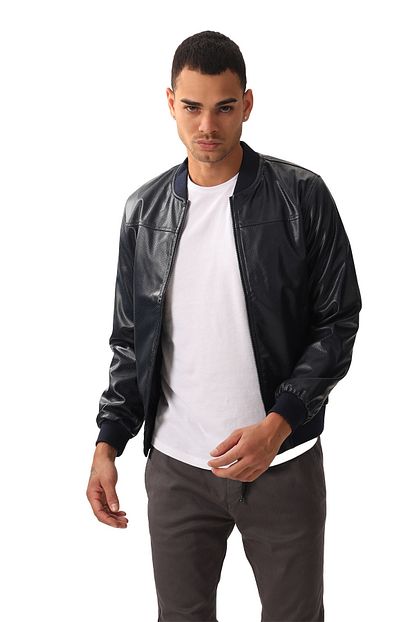 Densmood Erkek Lacivert Slim Fit Suni Deri Ceket Trendyol