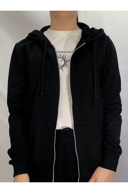 Dyg Kadin Siyah Duz Renk Fermuarli Sweatshirt Trendyol