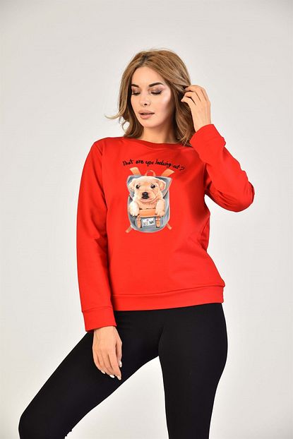 Burrasca Kadin Kirmizi Yavru Kopek Figurlu Nakisli Sweatshirt Trendyol