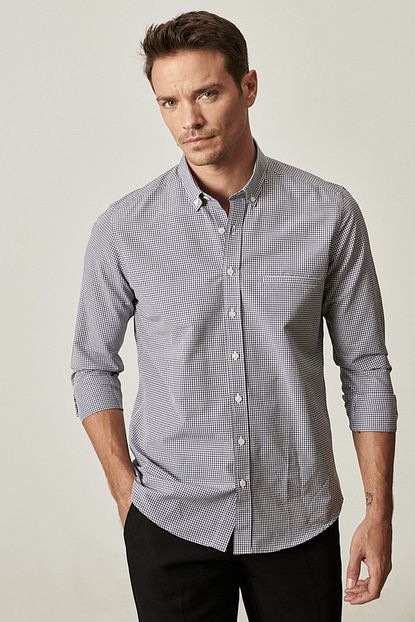 Altinyildiz Classics Erkek Siyah Beyaz Tailored Slim Fit Dugmeli Yaka Kareli Gomlek Trendyol