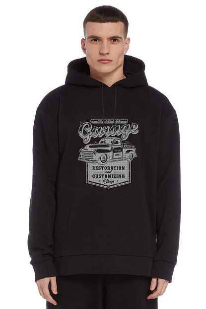 Collage Retro Car Araba Baskili Siyah Erkek Orme Kapsonlu Sweatshirt Uzun Kol Trendyol