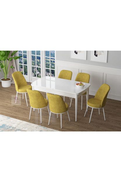 Canisa Concept Zen Serisi Mdf Acilabilir Mutfak Masasi Takimi Yemek Masasi Takimi Beyaz Masa 6 Hardal Sandalye Trendyol