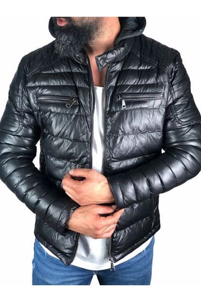 Northstyle Erkek Siyah Slim Fit Kapsonlu Sisme Deri Mont Trendyol