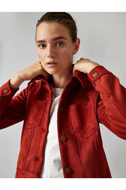 Koton Kadin Kirmizi Suet Crop Cepli Ceket Trendyol