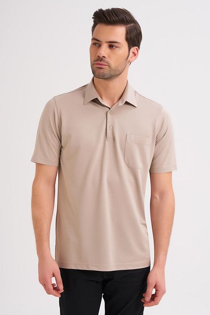 Cizgi Triko Erkek Bej Polo Yaka Duz Renk Gunluk Cep Detayli T Shirt Trendyol