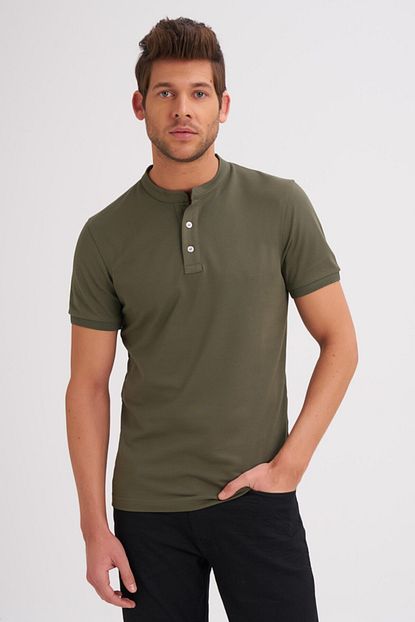 Cizgi Triko Erkek Haki Hakim Yaka T Shirt Trendyol