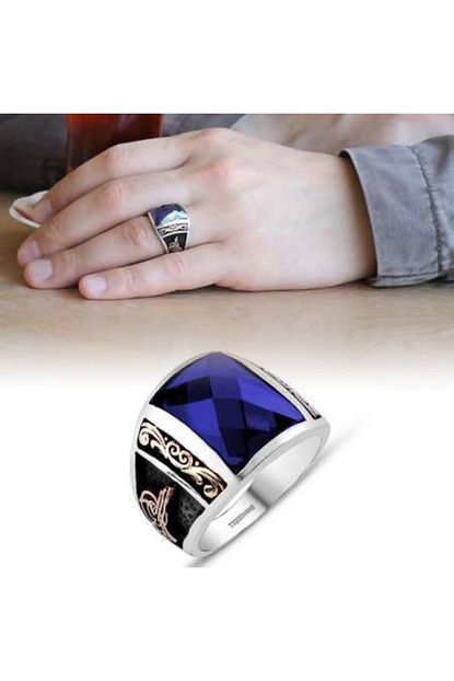 Alis Silver Tugra Islemeli Lacivert Zirkon Tasli 925 Ayar Gumus Erkek Yuzuk Trendyol