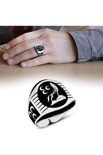 Alis Silver Uc Hilal Islemeli Bozkurt Motifli 925 Ayar Gumus Erkek Yuzuk Trendyol