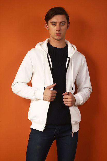Carlamia Erkek Beyaz Kapusonlu Fermuarli Sweatshirt Trendyol