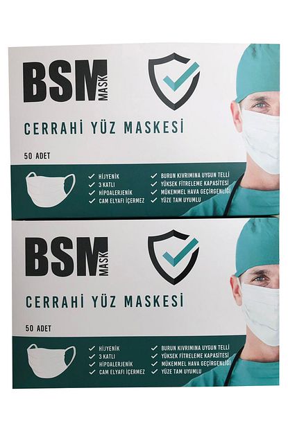 Bsm 2 Kutu 100 Adet Lastikli Burun Telli Ce Belgeli Ultrasonik Govde 3 Katli Cerrahi Maske Trendyol