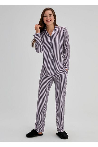 Dagi Kadin Lila Pamuklu Cizgili Gomlek Uzun Kol Pijama Takimi Trendyol