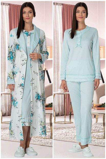 Hamile Carsisi Kadin Turkuaz Ozel Dantel Islemeli Sabahlik Gecelik Pijama 4 Parca Lohusa Hamile Seti Trendyol
