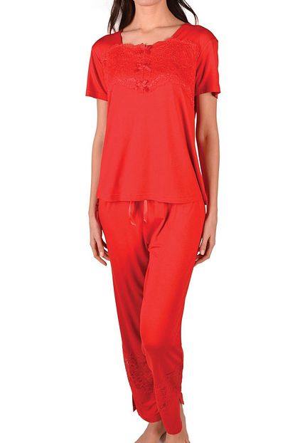 Nicoletta Kadin Kirmizi Pijama Takimi Kisa Kollu Cepli Trendyol