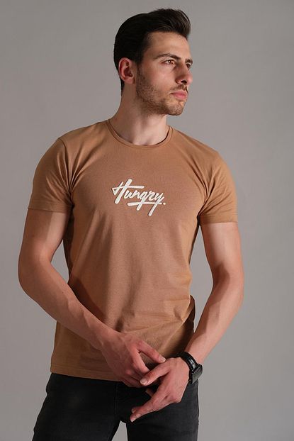 Oksit Erkek Bej Crash Hungry Pamuklu Slim Fit T Shirt Trendyol