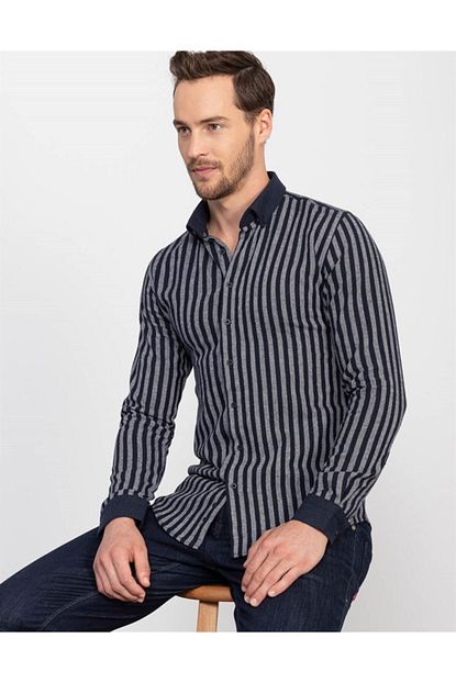 Tudors Erkek Lacivert Slim Fit Kislik Gomlek Trendyol