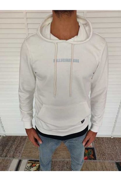 Bay E Butik Erkek Beyaz Kapsonlu Sweatshirt Trendyol