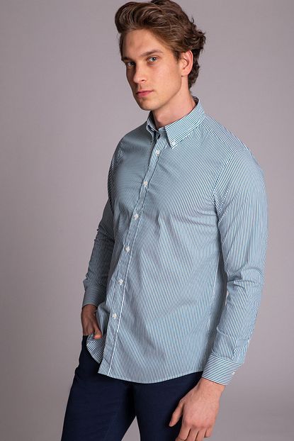 Dufy Yesil Cizgili Ince Pamuklu Erkek Gomlek Slim Fit Trendyol