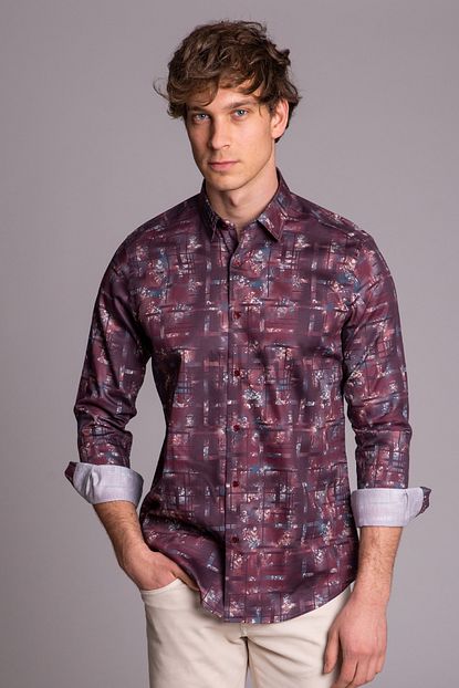Dufy Bordo Baskili Pamuklu Saten Erkek Gomlek Slim Fit Trendyol