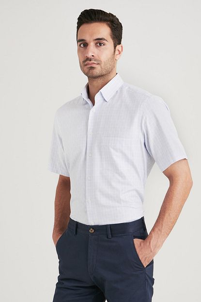 Dufy Mavi Kareli Kisa Kol Erkek Gomlek Regular Fit Trendyol